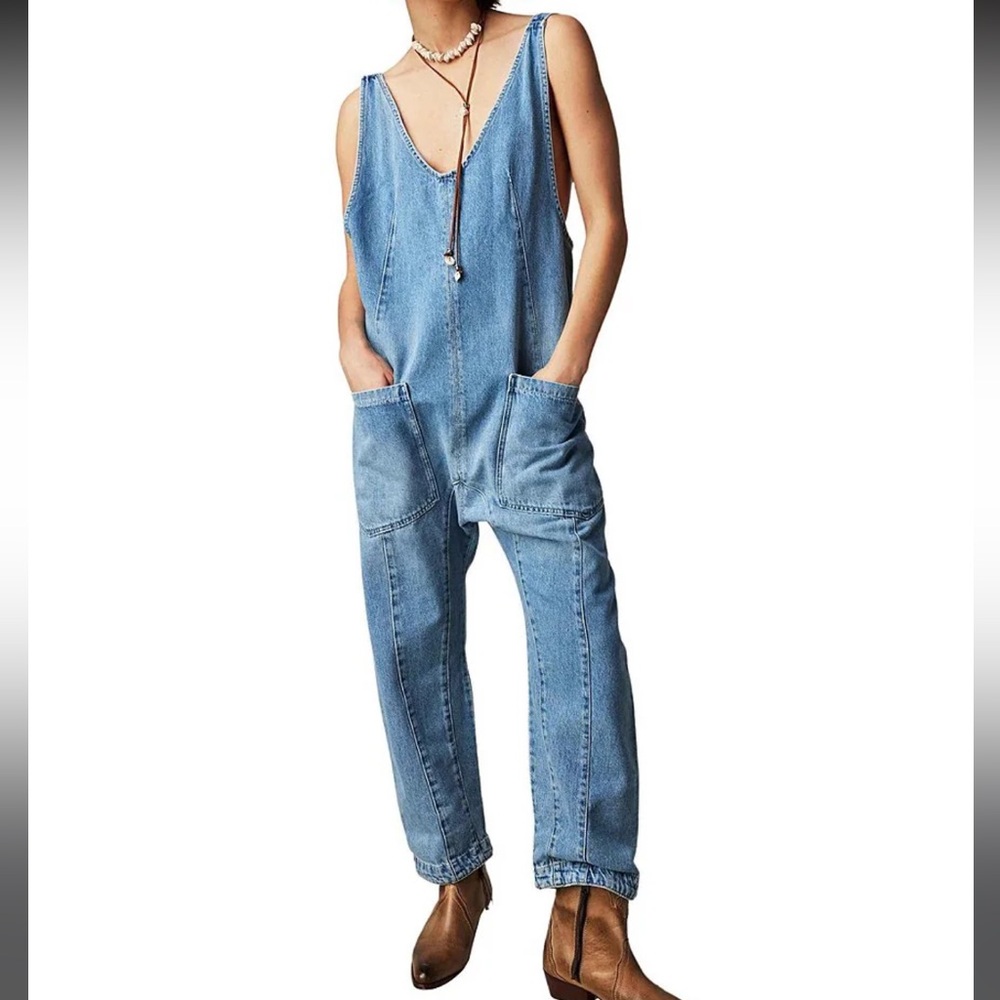 We The Free Blue Denim Jumpsuit